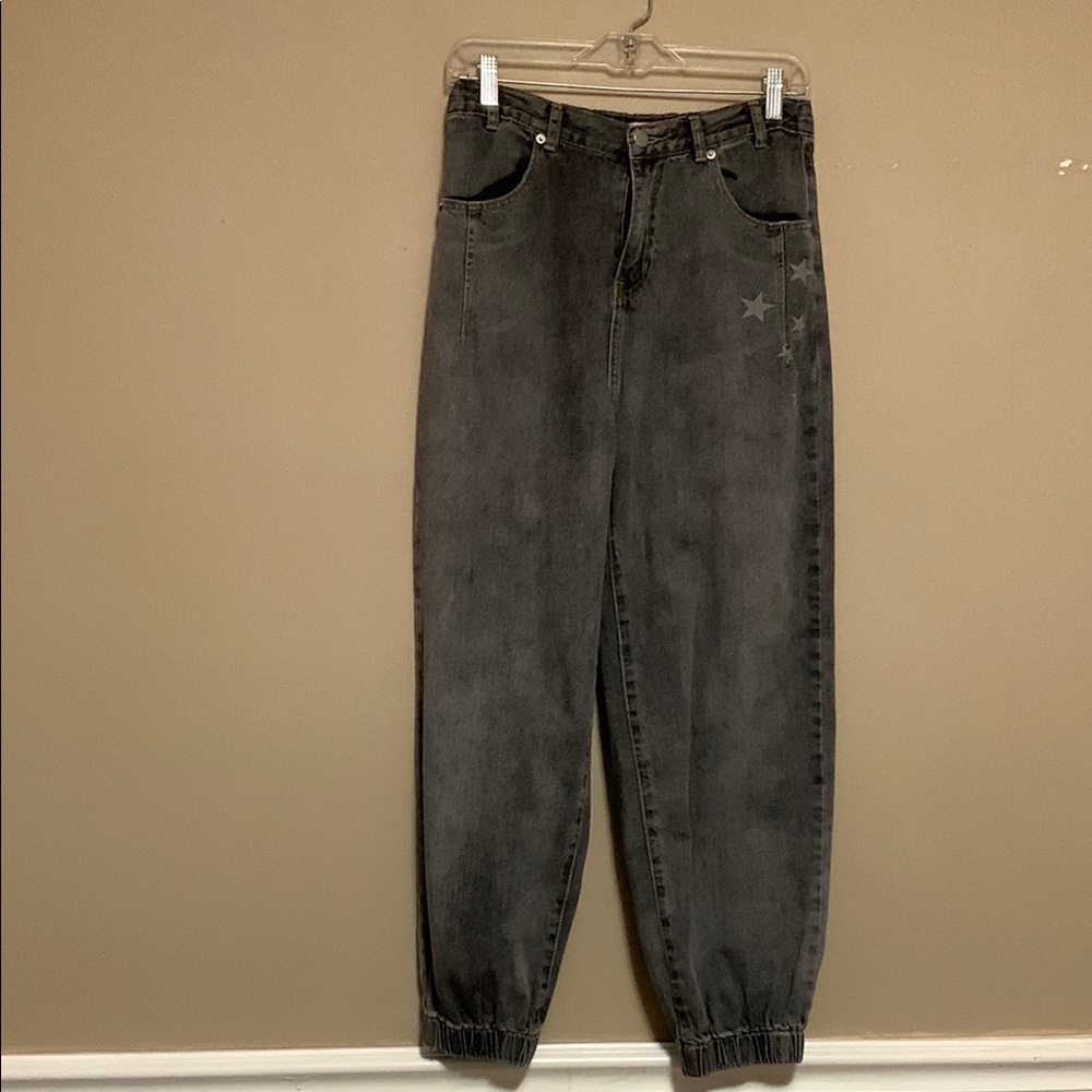 POL Women Star Gray Washed Barrel Jogger Denim Jeans Size Small Baggy Academia